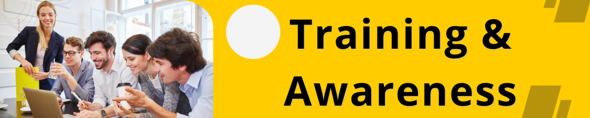 Image with men and women looking at a computer screen, smiling, with the words Training and Awareness