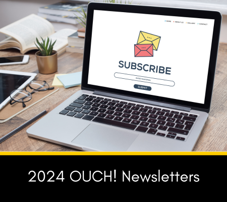 open laptop on a desk with a plant, books, cellphone in the background.  the laptop has images of email and the words Subscribe