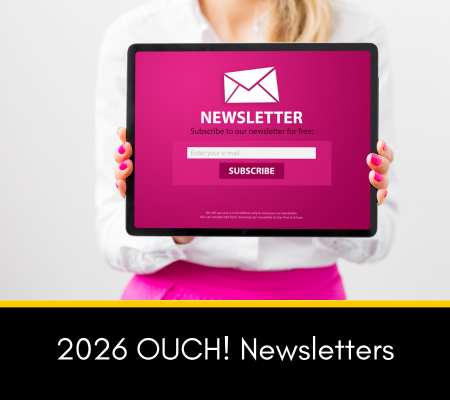 Women with blond hair and business attire holding a laptop to show the audience with a magenta background on the laptop with an image of the email icon and the word Newsletter
