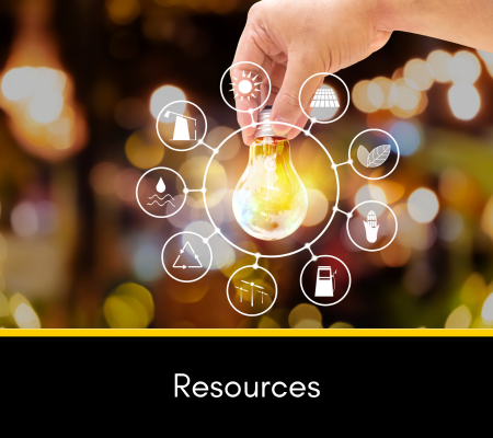 Image of a light bulb with arrows going out from it, looking like ideas or resources, with the words Resources
