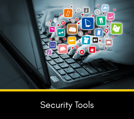 Image of hands typing on a laptop with colorful images of tools, with the words Security Tools