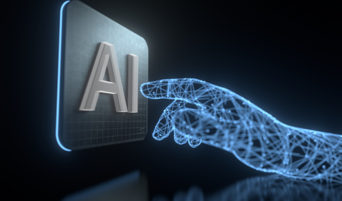 Image of an artificial hand pushing a button that says AI