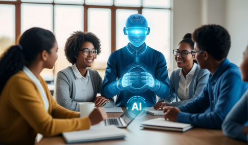 Image of AI created people with a robot sitting at a table