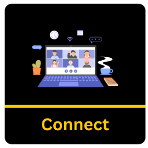 Black background with Connect written and a cartoon depiction of an online meeting