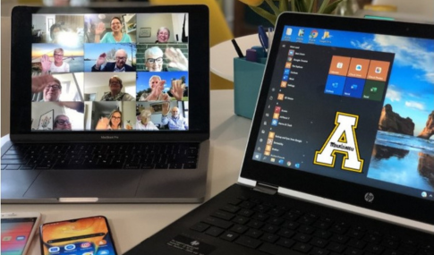 Image of 2 laptops with virtual meetings and an image of App State Block A