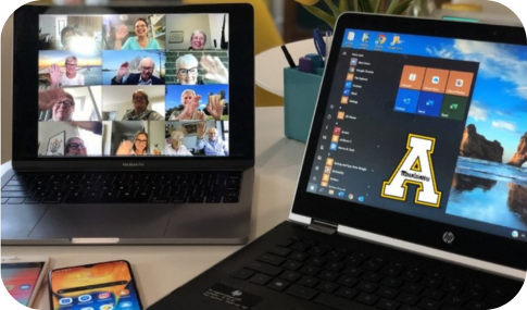 Image of 2 laptops with virtual meetings and an image of App State Block A