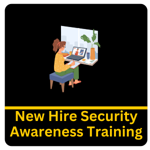 Black background with New Hire Security Awareness Training written at bottom with a female taking a computer training