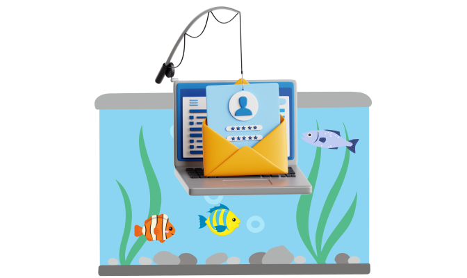 Fish tank with fish and computer being phished
