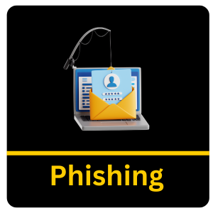 Black background with Phishing title and image of a fishing pole catching an email on a laptop