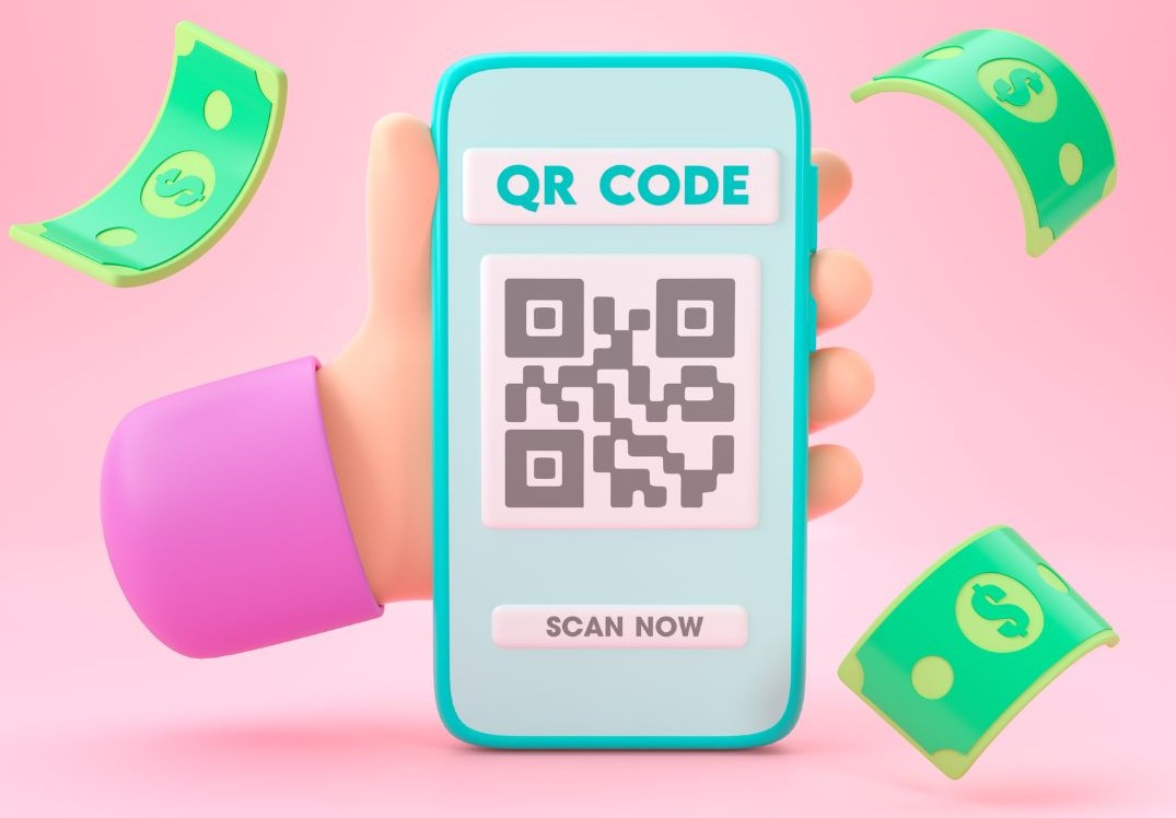 QR Code Scam Cartoon Image with Cellphone and Money