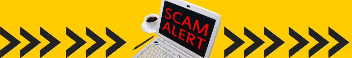 Yellow background with black arrows pointing to a laptop that says scam alert