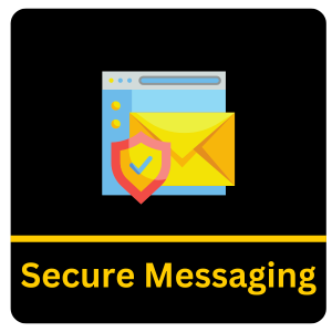 Black background with Secure Messaging written showing an inbox with an envelope and a shield with a checkmark