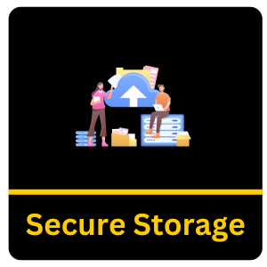 Black background with Secure Storage written with a cartoon man and woman sitting on files