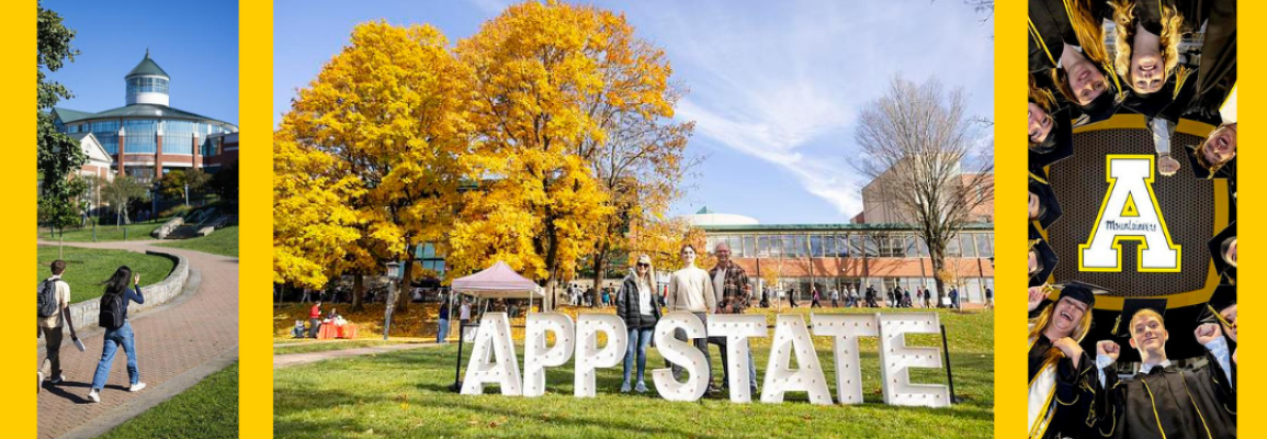 3 images in one.  Center is App State letters on Sanford Mall.  Left one is students walking towards Belk Library.  Right one is students graduating with the Block A above them.