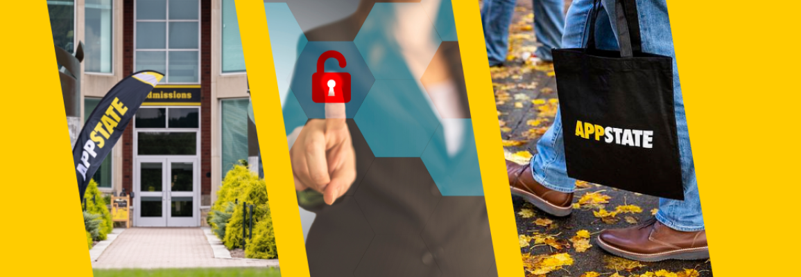 3 images in one.  Center is a person pushing a lock that's unlocked.  Left one is the JET building.  Right one is someone walking in fall with an App State bag