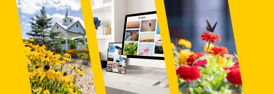 3 images in one.  Center is a computer and a tablet.  Left one is the Bell Tower & yellow flowers.  Right one is red flowers with a butterfly