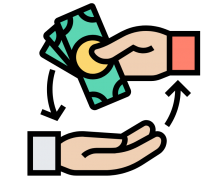 Cartoon hands exchanging money with arrows going back and forth
