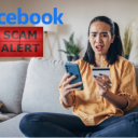 Image of female upset with phone and credit card with the words Facebook Scam Alert