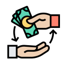 Cartoon hands exchanging money with arrows going back and forth