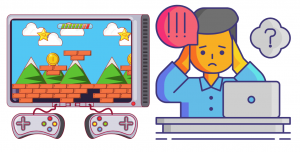 Man with head in hands at a desk in front of laptop with a video game image next to him