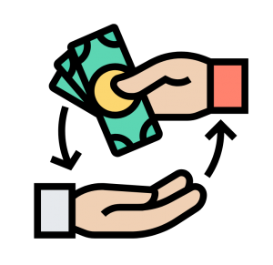Cartoon hands exchanging money with arrows going back and forth