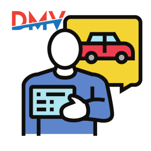 Cartoon image of man holding drivers license with a car in the background and the words DMV to the left