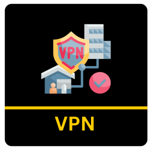 Black background with VPN written and an image of an office building going to a house with a secure VPN