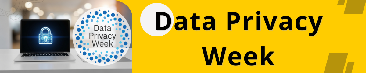 Image of a laptop on a desk with a locked key and the words Data Privacy Week next to it